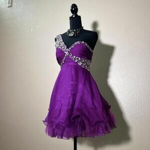 Cinderella Divine Purple Peacock Y2K Beaded Sequin Off-Shoulder Glam Mini Dress